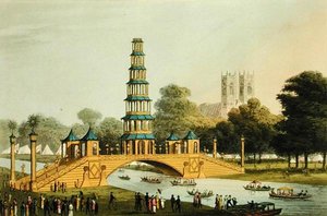 الجسر والمعبد الصيني ، الذي أقيم في الحديقة إحياءً لذكرى السلام المجيد لعام 1814 ، نقشها ماثيو دوبورج (من 1785 إلى 20)
