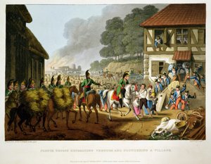 القوات الفرنسية تتراجع وتنهب قرية ، نقشها ماثيو دوبورج (fl.1813-20) من "الحكايات التاريخية والعسكرية والبحرية". بواسطة إدوارد أورم (1774-ج 1820) 1816 (أكواتينت) بواسطة جون هيفيسايد كلارك