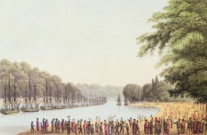 الأسطول على نهر سربنتين ، منقوش من قبل ماثيو دوبورج (fl.1813-20) 1814 بواسطة جون هيفيسايد كلارك