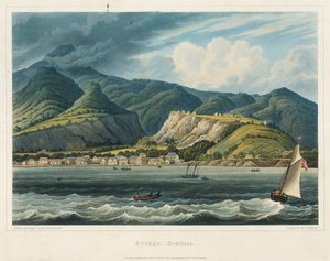 مدينة روسو، دومينيك (كاريبيس). طباعة حجرية (32.2 × 46.6 سم) للملازم جون هربرت كادي (1801-1883) بواسطة جون هربرت كادي