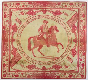 منديل يصور جورج واشنطن (1732-99) على ظهور الخيل ، 1777-89 (قطن) بواسطة جون هيوسون