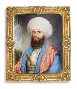 جيمس سيلك باكنغهام (1786-1855) ، يرتدي قميصًا أبيض مع معطف أزرق فاتح ، وشال وردي مطرز حول كتفيه وعمامة بيضاء مع خنجر مثبت على حزامه ، وخلفية طبيعية مع مسجد بواسطة جون جوكس