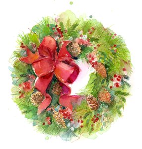 إكليل عيد الميلاد مع القوس الأحمر ، 2016 ، (ألوان مائية) بواسطة جون كيلينغ