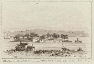 جزيرة Bedlow من Communipaw Av. ، جيرسي سيتي ، نيوجيرسي ، 1861 بواسطة جون م. أوغست ويل