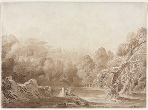 رجل يلعب القيثارة مع شخصيات أخرى بجانب بحيرة ، 1820. بواسطة جون مارتن