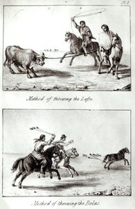 أساليب رمي اللاسو والبولاس ، من `` رحلات في تشيلي ولا بلاتا &39;&39; لجون مايرز ، 1826 (ليثو) (صور من وزن الجسم) بواسطة جون مايرز