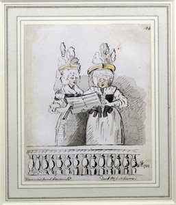 دويتو من الآنسة هارييت والآنسة ثيودوسيا أبرامز ، حفلة هاريسون ، ساحة هانوفر ، 1788 (حبر وغسل) بواسطة جون نيكسون
