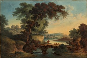 منظر طبيعي مع قلعة وجسر ، حوالي 1808-20 (جواش وألوان مائية) بواسطة جون أولدفيلد