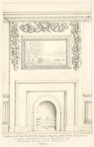 مدفأة منحوتة في الغرفة الخلفية في الطابق الأرضي تطل على الحديقة ، Fairfax House ، High Street ، Putney ، 1887 بواسطة جون فيليب إمسلي