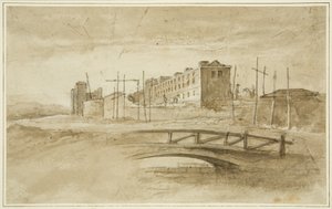 مبنى Gaol الجديد في مسار البناء ، يُرى من جسر هارفورد ، حوالي عام 1820 (قلم رصاص وألوان مائية على ورق)