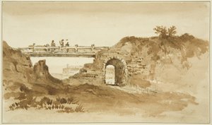 جسر مؤقت على طريق التتويج مقابل New Gaol ، حوالي عام 1821 (قلم رصاص وبني داكن يغسلان على ورق)