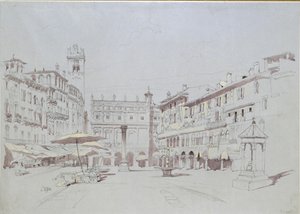دراسة لتفاصيل ساحة Piazza delle Erbe ، فيرونا ، ١٩ مايو ١٨٤١ بواسطة جون روسكين
