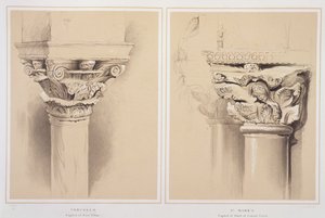 Torcello ، عاصمة Nave Pillar و St. Mark&39;s ، عاصمة من السقيفة المركزية ، من `` أمثلة على الهندسة المعمارية للبندقية &39;&39; لجون روسكين ، نقشها G. Rosenthal ، 1851 بواسطة جون روسكين