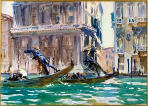 منظر للقناة الكبرى في البندقية ، لوحة مائية لجون سنجر سارجنت (1856-1925) (مرارة) حوالي عام 1906 في باريس ، متحف القصر الصغير - منظر للقناة الكبرى في البندقية (يُطلق عليها أيضًا اسم "على القناة") . لوحة مائية لجون سينجر سارجنت (1856-1925) (العامري بواسطة جون سينغر سارجنت