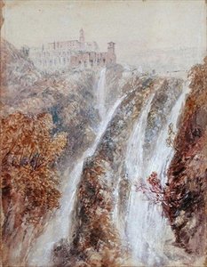 منظر طبيعي به شلال (ألوان مائية على ورق)