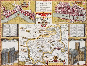 وصف الجنس الأوسط مع أشهر مدن لندن ووستمنستر ، من Speed&39;s &39;Theatre of the Empire of Great Britain&39; ، 1611-12 (نقش نحاسي ملون باليد)
