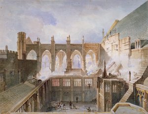 منظر لتدمير كنيسة سانت ستيفن ، قصر وستمنستر ، لندن ، 1834 بواسطة جون تايلور