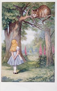Alice and the Cheshire Cat ، مغامرات Alices في بلاد العجائب ومن خلال المرآة وماذا وجدت أليس هناك ، بقلم لويس كارول (1832-98) ، المنشور عام 1911 (الطباعة الحجرية الملونة) بواسطة جون تينيل