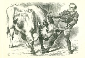 أخذ الثور (الأيرلندي) من القرون: أقر البرلمان مشروع القانون في 15 فبراير 1870 وحصل على الموافقة الملكية في 8 يوليو. وليام جلادستون ، رئيس الوزراء ، يتعامل مع هذه القضية. كارتون جون تينيل من بانش ، لندن ، 26 فبراير 1870. بواسطة جون تينيل