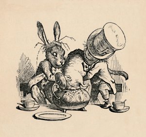 يحاول Mad Hatter و March هير وضع Dormouse في إبريق شاي ، 1889 بواسطة جون تينيل