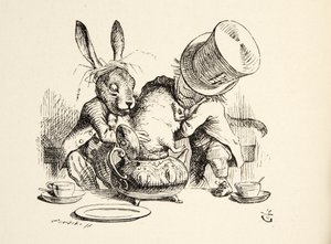 Mad Hatter و March March هير يضعان النوم في إبريق الشاي ، من Alices Adventures in Wonderland بقلم لويس كارول (1832-98) ، حانة. 1891 بواسطة جون تينيل