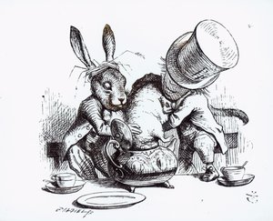 Mad Hatter و March March هير يضعان النوم في إبريق الشاي ، صورة توضيحية من "مغامرات أليس في بلاد العجائب" ، بقلم لويس كارول ، 1865 بواسطة جون تينيل