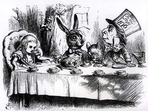 حفلة شاي Mad Hatter ، رسم توضيحي من "Alice's Adventures in Wonderland" ، بقلم لويس كارول بواسطة جون تينيل