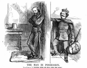 Unification of Italy: Victor Emmanuel II (1820-1878), first king of Italy from February 1861, knocking on the door of Naples which Garibaldi (1807-1882) with his Red Shirts has conquered on behalf of the new Kingdom of Italy. John Tenniel cartoon from Punc بواسطة جون تينيل