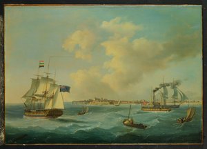فرقاطة 44 غون ، باخرة ركاب ، باخرة وغيرها من الشحن قبالة ميناء سانت بيتر ، غيرنسي ، 1825 بواسطة جون توماس سيريس