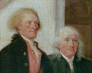 صياغة إعلان الاستقلال ، 28 يونيو 1776 ، تفاصيل توماس جيفرسون (1743-1826) وبنيامين فرانكلين (1706-90) ج 1817 (تفاصيل 702745) بواسطة جون ترمبل