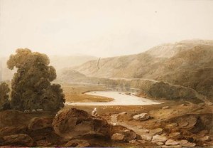 No.1607 وادي نهر Mawddach ، ويلز ، c.1805 (ألوان مائية وطباشير أسود على ورق) بواسطة جون فارلي