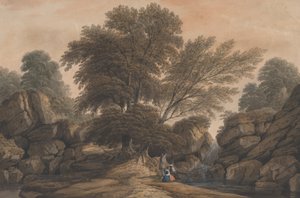 شخصيات بجانب شلال وبركة في مشهد مشجر ، 1812.