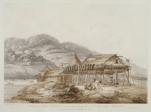 Balagans أو المساكن الصيفية ، مع طريقة تجفيف الأسماك في St. Peter and Paul ، Kamtschatka ، من &39;Views in the South Seas&39; ، الحانة. 1792