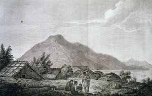 داخل هيباه في جزيرة موتوارا ، استنادًا إلى رسم لجون ويبر (1750-1793) ، من سرد الرحلة الأخيرة لجيمس كوك (1776-1779). نقش بواسطة جون ويبر
