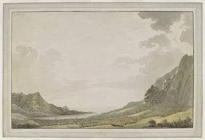 [الرسم كله]. منظر من ميناء Aimeo [خليج Papetoai] يطل على البحر؛ تظهر صواري quot;Resolutionquot; وquot;Discoveryquot; في الخليج. زار الكابتن كوك موريا في أكتوبر 1777