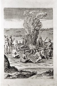 الهنود يصلون حول النار ، نقش من Hariot&39;s &39;Briefe and True Report of ... Virginia&39; ، 1590 ، منقوش بواسطة Theodor de Bry (1528-98) بواسطة جون وايت