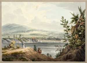 جسر نهر هدسون بالقرب من وترفورد ، نيويورك ، 1832 (ألوان مائية ، غواش ، تزجيج انتقائي ، جرافيت ، وخدش على ورق موضوع على البطاقة) بواسطة جون وليام هيل