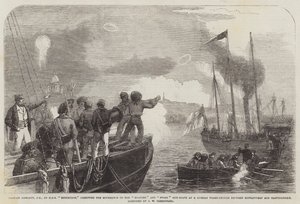 الكابتن هيوليت ، CB ، من HMS إدنبرة ، يوجه حركات Snapper و Stork Gun-Boats في روسي ثلاثي الطوابق بين Gustafsvern و Bartholomew بواسطة جون ويلسون كارمايكل