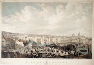 جسر هاي ليفل ، نيوكاسل أبون تاين ، منقوش بواسطة جورج هوكينز (1819-1852) (ليثو ملون يدويًا) بواسطة جون ويلسون كارمايكل