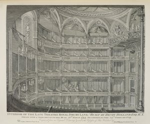 داخل المسرح المتأخر الملكي ، دروري لين ، في لندن ، بناه هنري هولاند ، 1794 ، دمره الحريق في عام 1809 ، نقشه دايل ، 1820 بواسطة جون وينستون