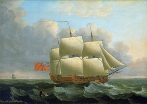 "كارولين الملكية"، بُنيت عام 1749 في ديبتفورد (إنجلترا). لوحة زيتية على قماش بواسطة جون الأكبر كليفيلي