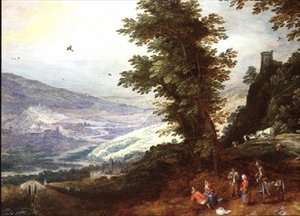 مناظر طبيعية واسعة مع فلاحين بواسطة Joos أو Josse de The Younger Momper
