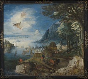 Paysage avec la chute d'Icare - منظر طبيعي مع سقوط إيكاروس ، بقلم مومبر ، جوس دي ، الأصغر (1564-1635). زيت على خشب. الأبعاد: 154 × 173 سم. المتحف الوطني ستوكهولم