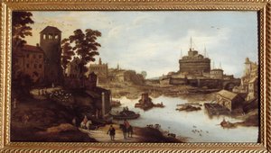 منظر لنهر التيبر (Tevere) وقلعة Sant'Angelo (Castel Sant'Angelo) في روما منزل على ركائز متينة على اليمين. لوحة رسمها Josse Momper II (1564-1635) من القرن السابع عشر شالون سور مارن ، متحف البلدية