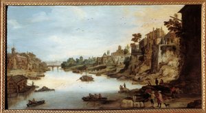 منظر لنهر التيبر (Tevere) في روما منزل على ركائز متينة على اليسار. اللوحة بواسطة Josse Momper II (1564-1635)