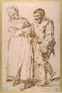 The steps of an elderly peasant guided by his wife (pen & ink with chalk on paper) بواسطة Joos van (Attr. To) Craesbeeck