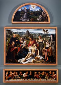 Altarpiece of the deposition, with the stigmata of St Francis, the deposition of Christ and the Last Supper from the Church of the Friars Minor in Genoa, c.1520 بواسطة جوس فان كليف