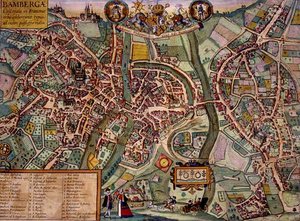 خريطة بامبرغ ، من "Civitates Orbis Terrarum" بقلم جورج براون (1541-1622) وفرانس هوغنبرغ (1535-90) حوالي 1572-1617 (نقش ملون)