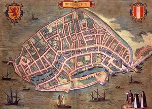 خريطة دوردريخت ، من "Civitates Orbis Terrarum" بقلم جورج براون (1541-1622) وفرانس هوغنبرغ (1535-90) ، حوالي 1572 (نقش ملون) بواسطة جوريس (بعد) هوفناجل