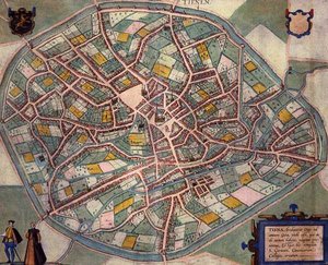 خريطة Tienen ، من "Civitates Orbis Terrarum" بقلم جورج براون (1541-1622) وفرانس هوغنبرغ (1535-90) حوالي 1572-1617 (نقش ملون) بواسطة جوريس (بعد) هوفناجل
